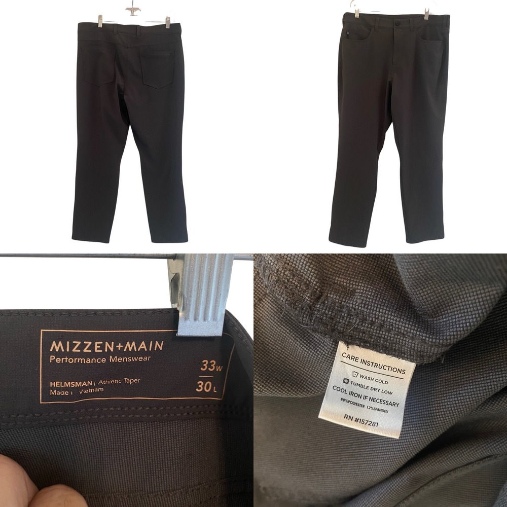 Mizzen+Main Helmsman Pants Athletic‎ Taper Performance Dress Gray Men's 33x27.5